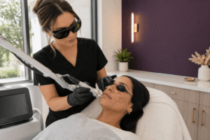 Woman receiving CoolSculpting abdomen treatment from technician in modern clinic