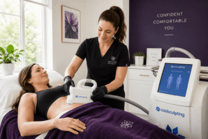 Female patient consulting with aesthetic provider at clinic desk