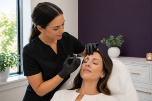 Aesthetician cleansing patient face during facial treatment
