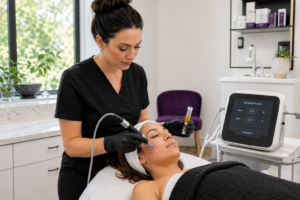 Provider performing radiofrequency skin tightening treatment on patient